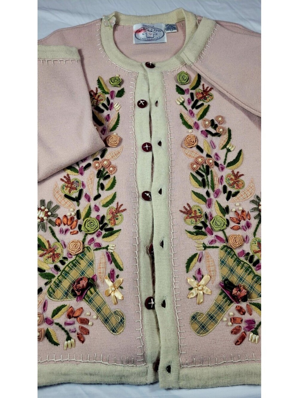 Vintage 1996 Eagle's Eye Wool Cardigan3D Floral Ribbon EmbroideryWomen's L, Pink